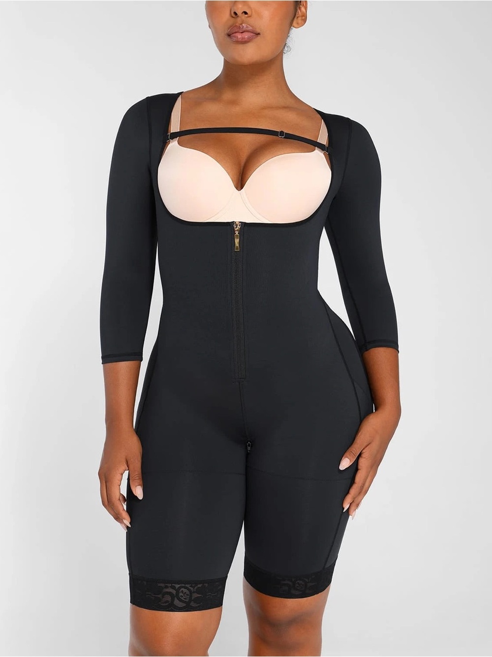 Black Full-Body Shapewear Bodysuit with Front Zipper
